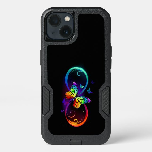 Vibrant infinity with rainbow butterfly on black otterbox iPhone case (Back)