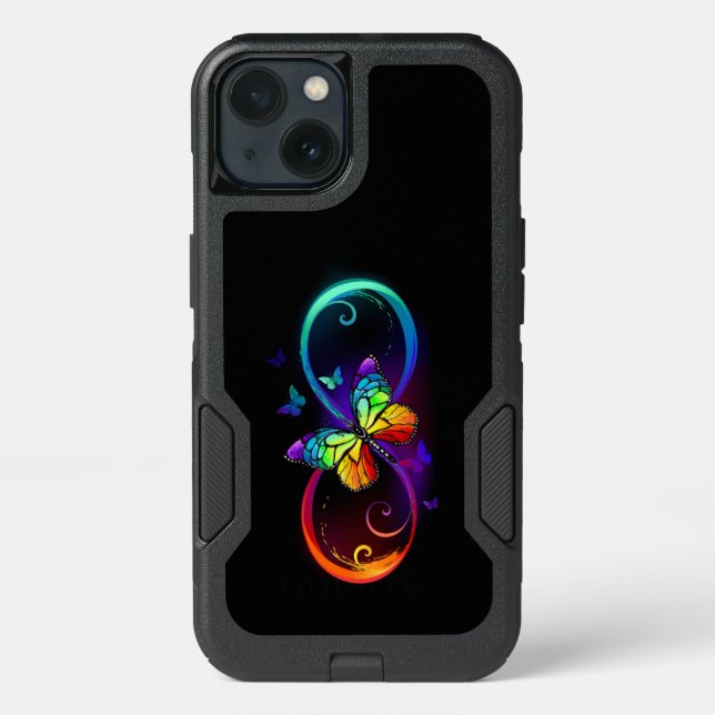 Vibrant infinity with rainbow butterfly on black otterbox iPhone case (Back)