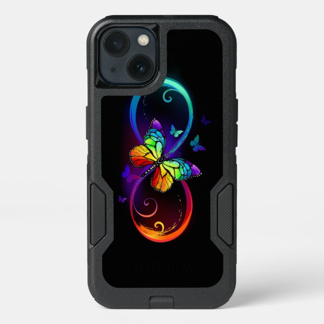Vibrant infinity with rainbow butterfly on black otterbox iPhone case (Back)