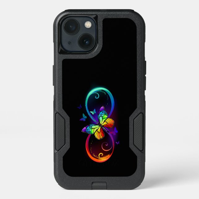 Vibrant infinity with rainbow butterfly on black otterbox iPhone case (Back)