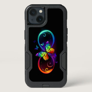Vibrant infinity with rainbow butterfly on black iPhone 13 case