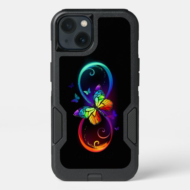 Vibrant infinity with rainbow butterfly on black otterbox iPhone case (Back)