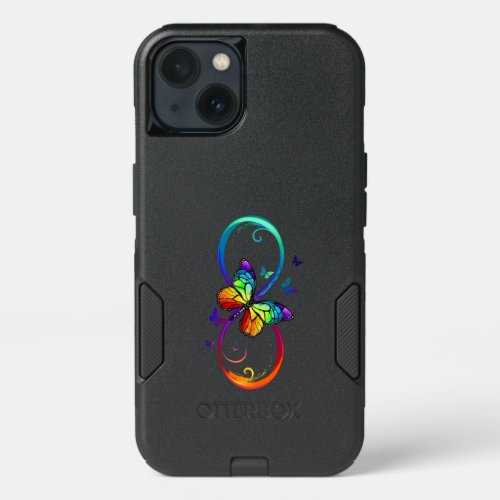 Vibrant infinity with rainbow butterfly on black  iPhone 13 case