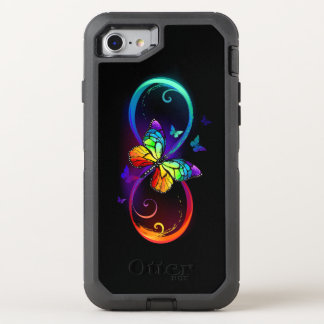 Vibrant infinity with rainbow butterfly on black OtterBox defender iPhone SE/8/7 case