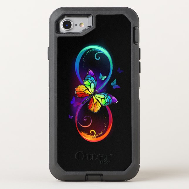Vibrant infinity with rainbow butterfly on black otterbox iPhone case (Back)