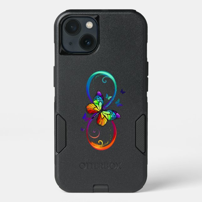 Vibrant infinity with rainbow butterfly on black otterbox iPhone case (Back)