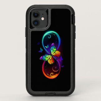 Vibrant infinity with rainbow butterfly on black OtterBox defender iPhone 11 case