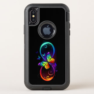 Vibrant infinity with rainbow butterfly on black OtterBox defender iPhone x case
