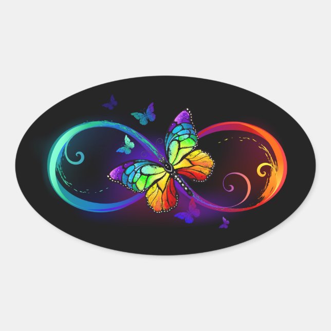 Vibrant infinity with rainbow butterfly on black oval sticker (Front)