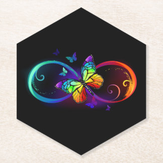 Vibrant infinity with rainbow butterfly on black paper coaster