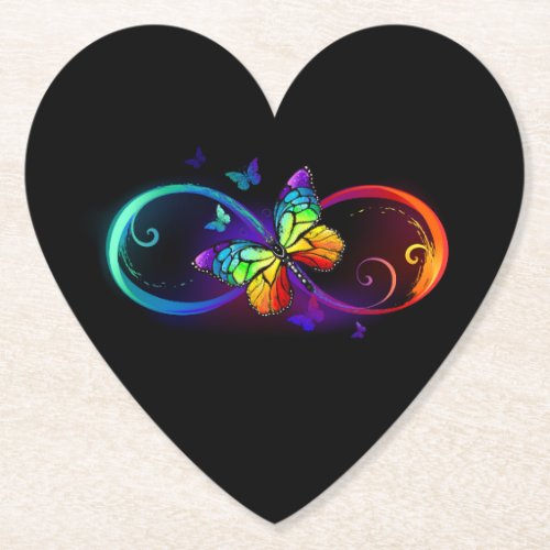 Vibrant infinity with rainbow butterfly on black paper coaster