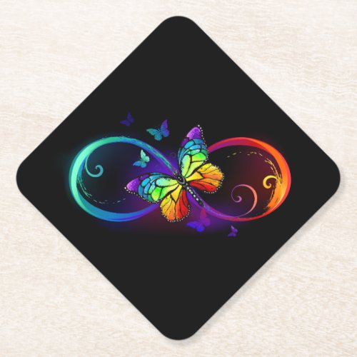 Vibrant infinity with rainbow butterfly on black paper coaster