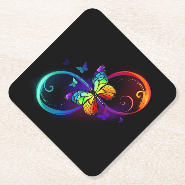 Vibrant infinity with rainbow butterfly on black paper coaster (Front)