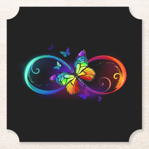 Vibrant infinity with rainbow butterfly on black paper coaster