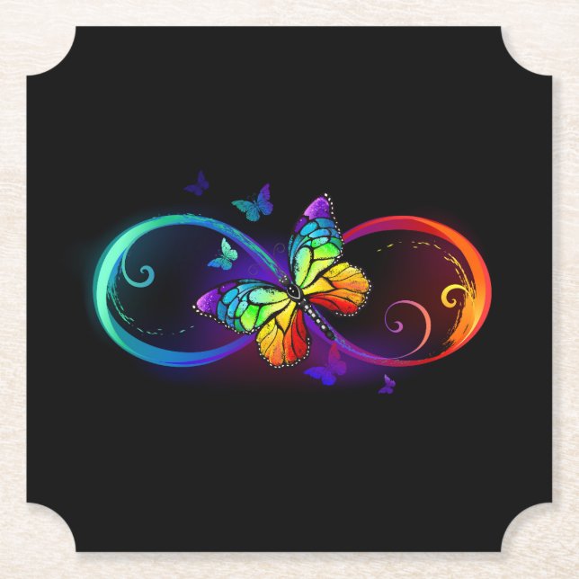 Vibrant infinity with rainbow butterfly on black paper coaster (Front)