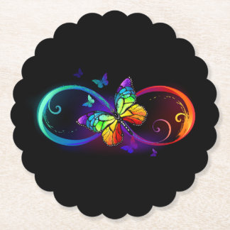 Vibrant infinity with rainbow butterfly on black paper coaster