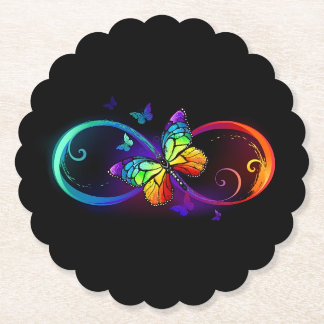 Vibrant infinity with rainbow butterfly on black paper coaster (Front)
