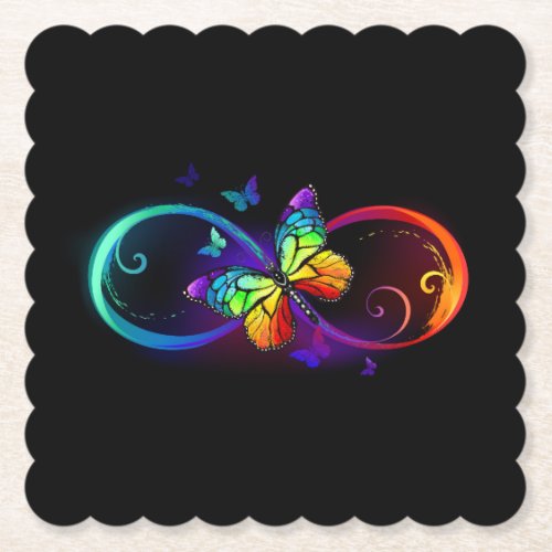 Vibrant infinity with rainbow butterfly on black paper coaster