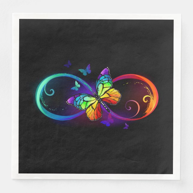 Vibrant infinity with rainbow butterfly on black paper dinner napkins (Front)