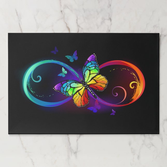 Vibrant infinity with rainbow butterfly on black paper pad (Front)