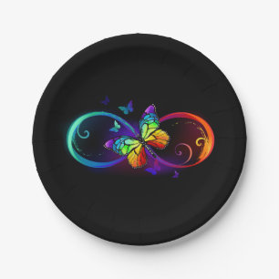 Vibrant infinity with rainbow butterfly on black paper plates