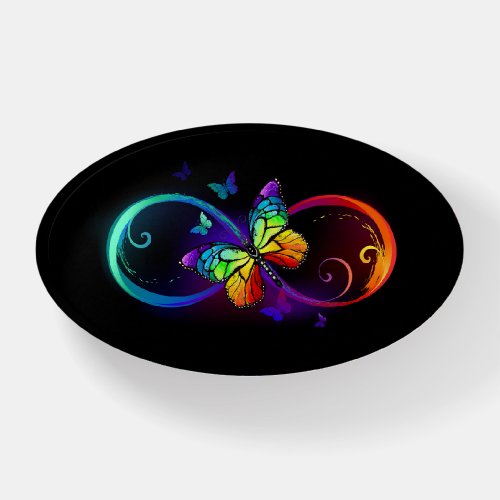 Vibrant infinity with rainbow butterfly on black paperweight