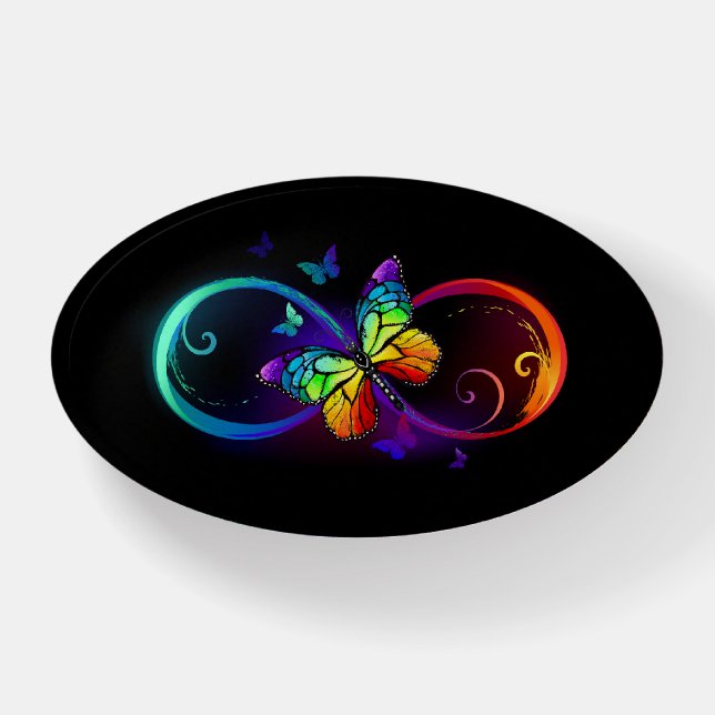 Vibrant infinity with rainbow butterfly on black paperweight (Front)