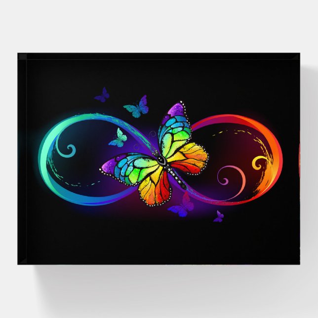 Vibrant infinity with rainbow butterfly on black paperweight (Front)