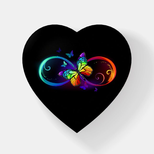 Vibrant infinity with rainbow butterfly on black paperweight (Front)