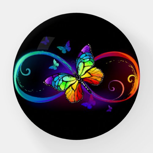 Vibrant infinity with rainbow butterfly on black paperweight