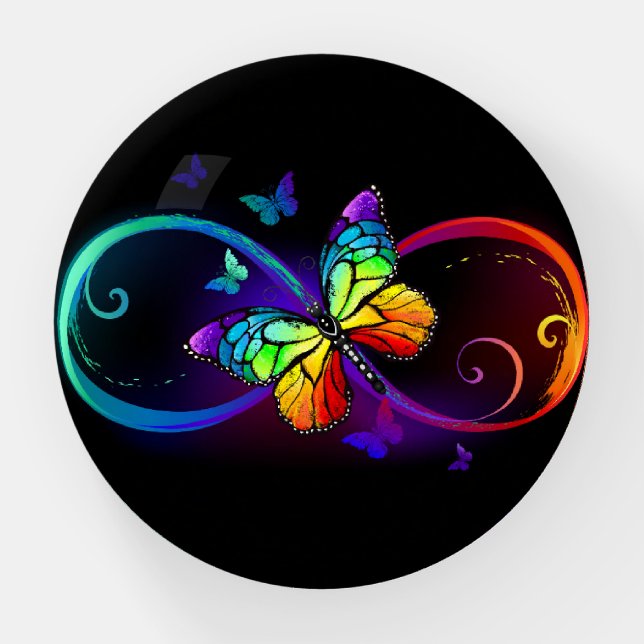 Vibrant infinity with rainbow butterfly on black paperweight (Front)