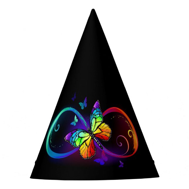 Vibrant infinity with rainbow butterfly on black party hat (Front)