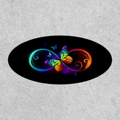 Vibrant infinity with rainbow butterfly on black patch