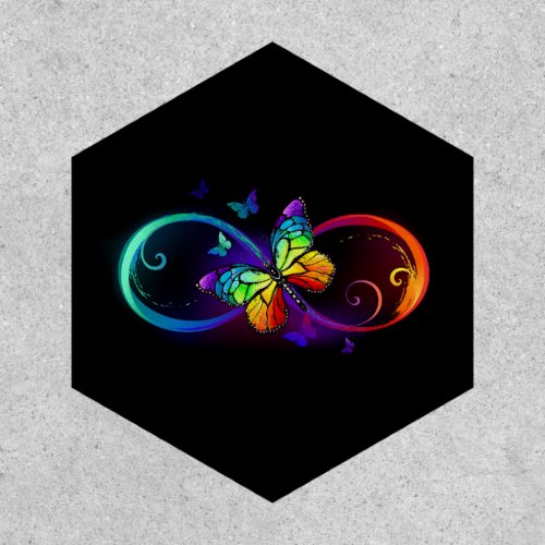 Vibrant infinity with rainbow butterfly on black patch