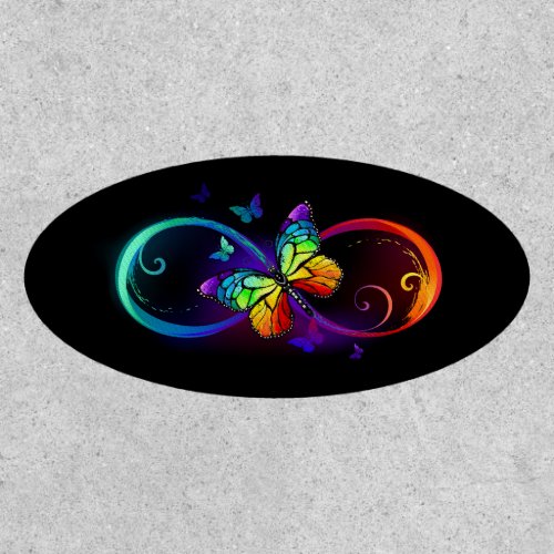 Vibrant infinity with rainbow butterfly on black patch