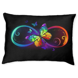 Vibrant infinity with rainbow butterfly on black pet bed