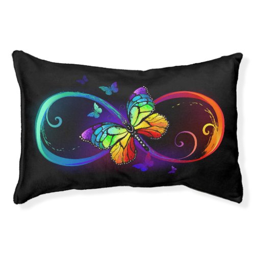 Vibrant infinity with rainbow butterfly on black pet bed