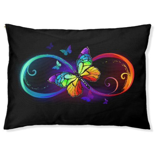 Vibrant infinity with rainbow butterfly on black pet bed