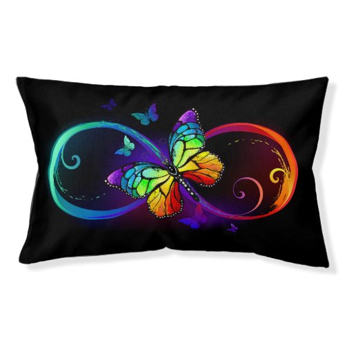 Vibrant infinity with rainbow butterfly on black  pet bed