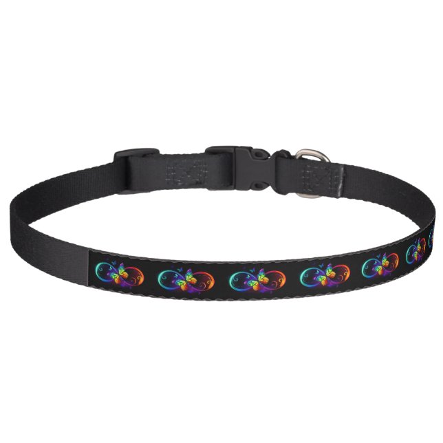 Vibrant infinity with rainbow butterfly on black pet collar (Front)