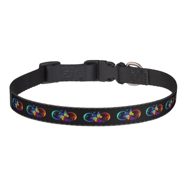 Vibrant infinity with rainbow butterfly on black pet collar (Front)
