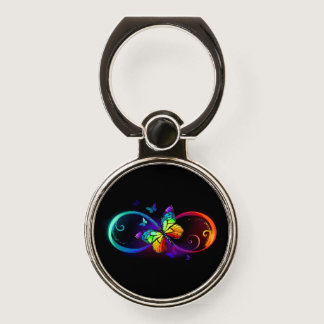 Vibrant infinity with rainbow butterfly on black phone ring stand