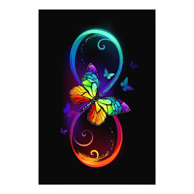 Vibrant infinity with rainbow butterfly on black  photo print (Front)