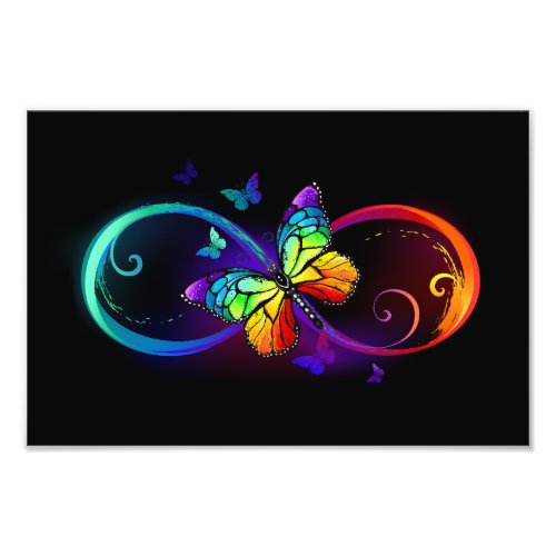 Vibrant infinity with rainbow butterfly on black photo print