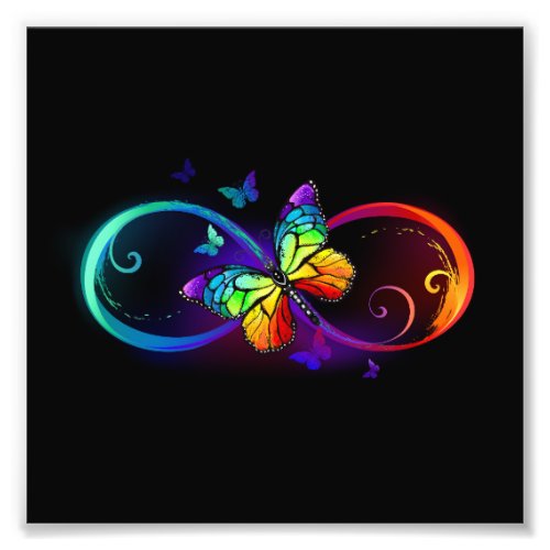 Vibrant infinity with rainbow butterfly on black photo print