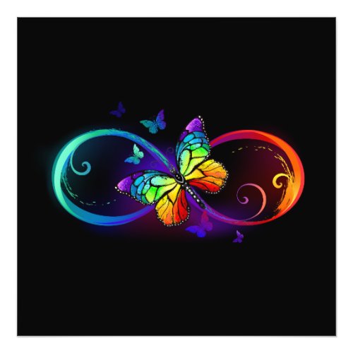 Vibrant infinity with rainbow butterfly on black photo print