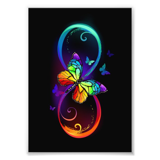 Vibrant infinity with rainbow butterfly on black photo print (Front)