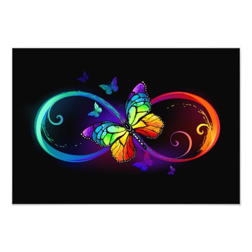 Vibrant infinity with rainbow butterfly on black photo print