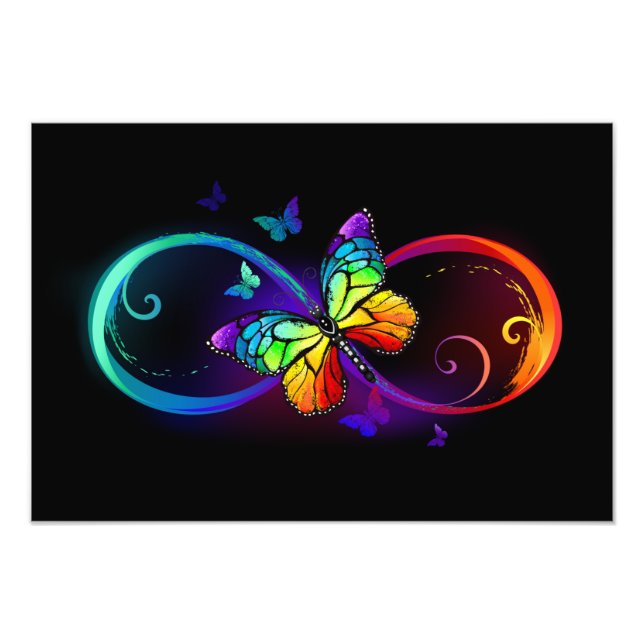 Vibrant infinity with rainbow butterfly on black photo print (Front)
