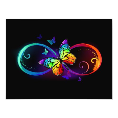 Vibrant infinity with rainbow butterfly on black photo print